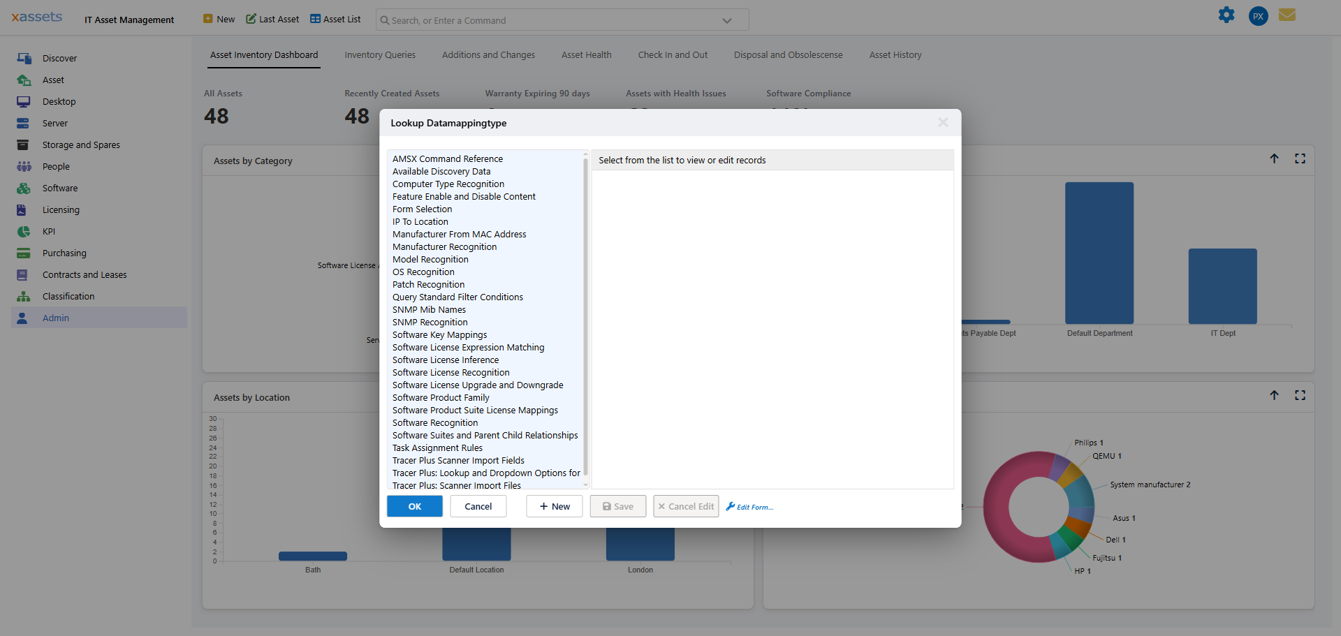 Data Mapping Types screen accessed from Admin > Data menu showing list of mapping types