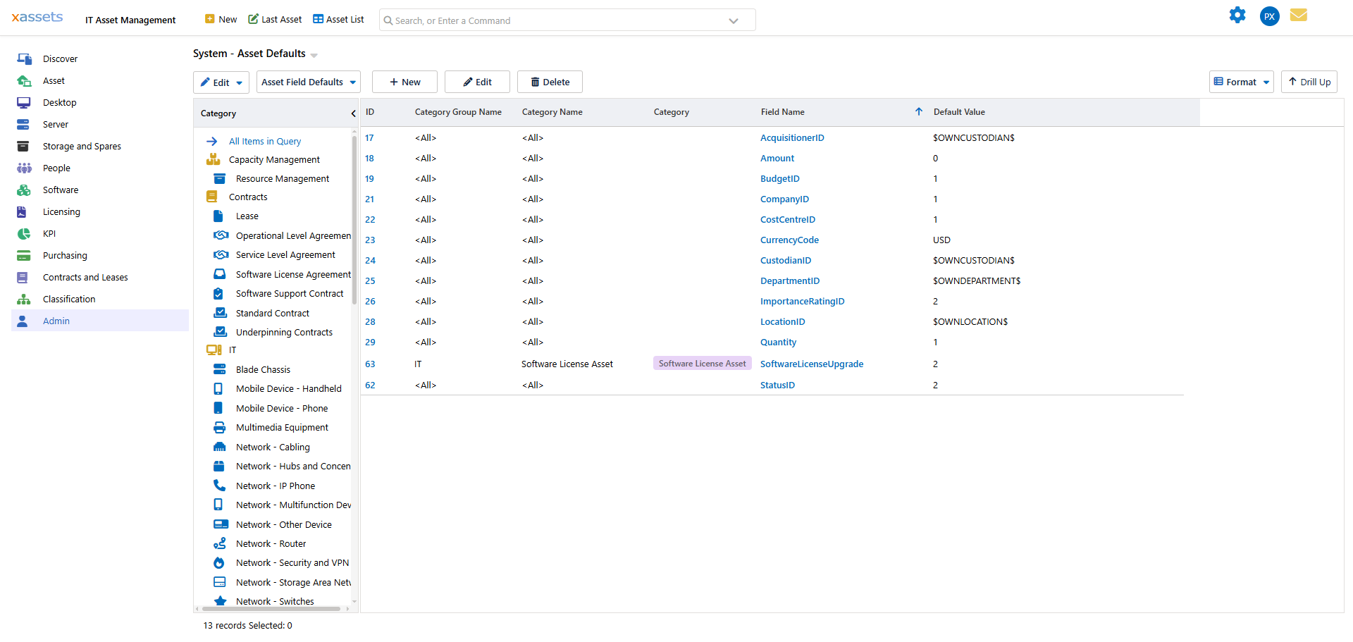 Default Values for Asset Fields screen accessed from Admin > Data, showing fields with default values by category