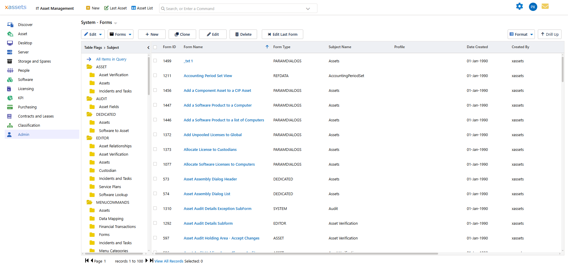 Asset Editor Forms tab showing forms with the User Group prefix