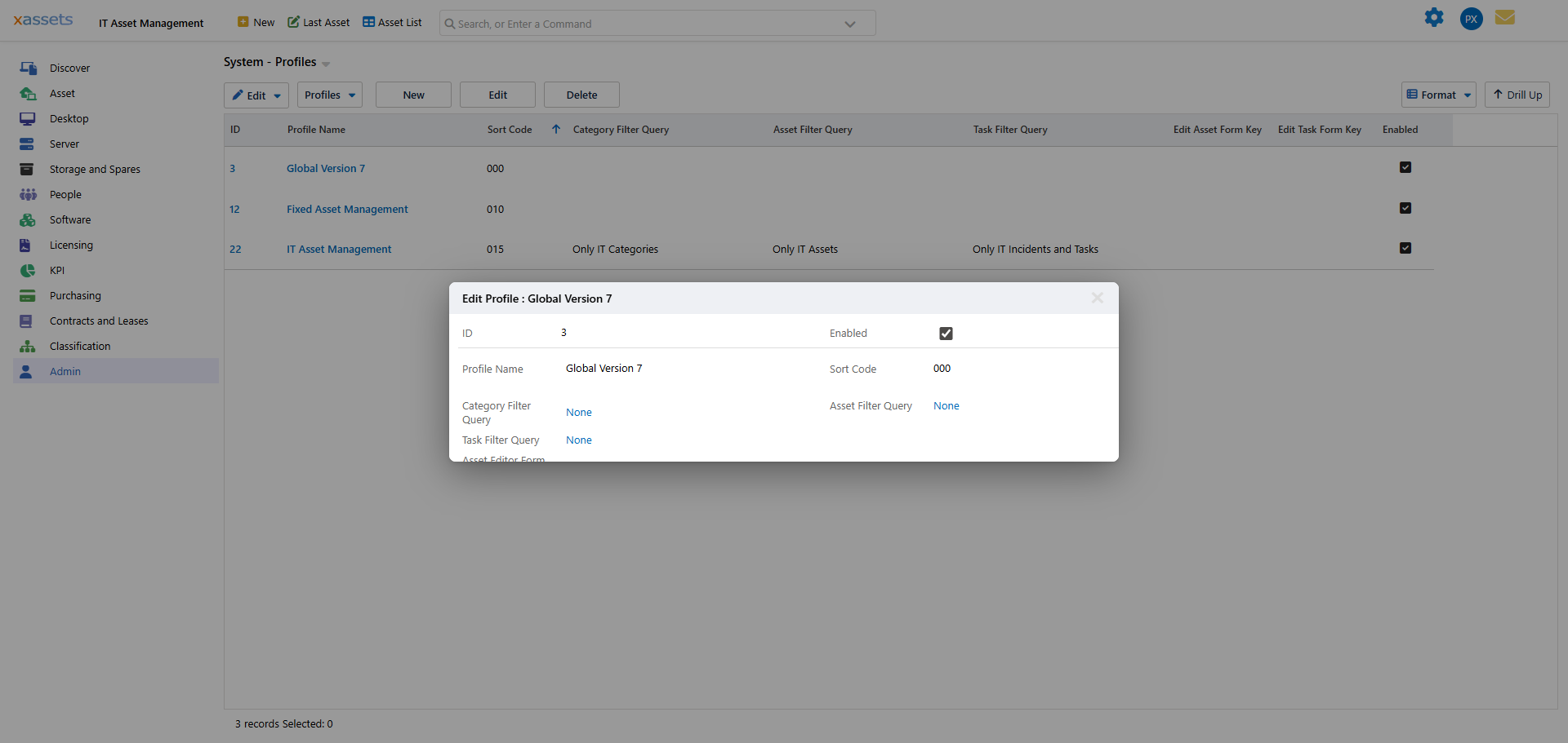 Profile Editor dialog showing fields: ID, Enabled, Profile Name, Sort Code, Category/Asset/Task Filter Query