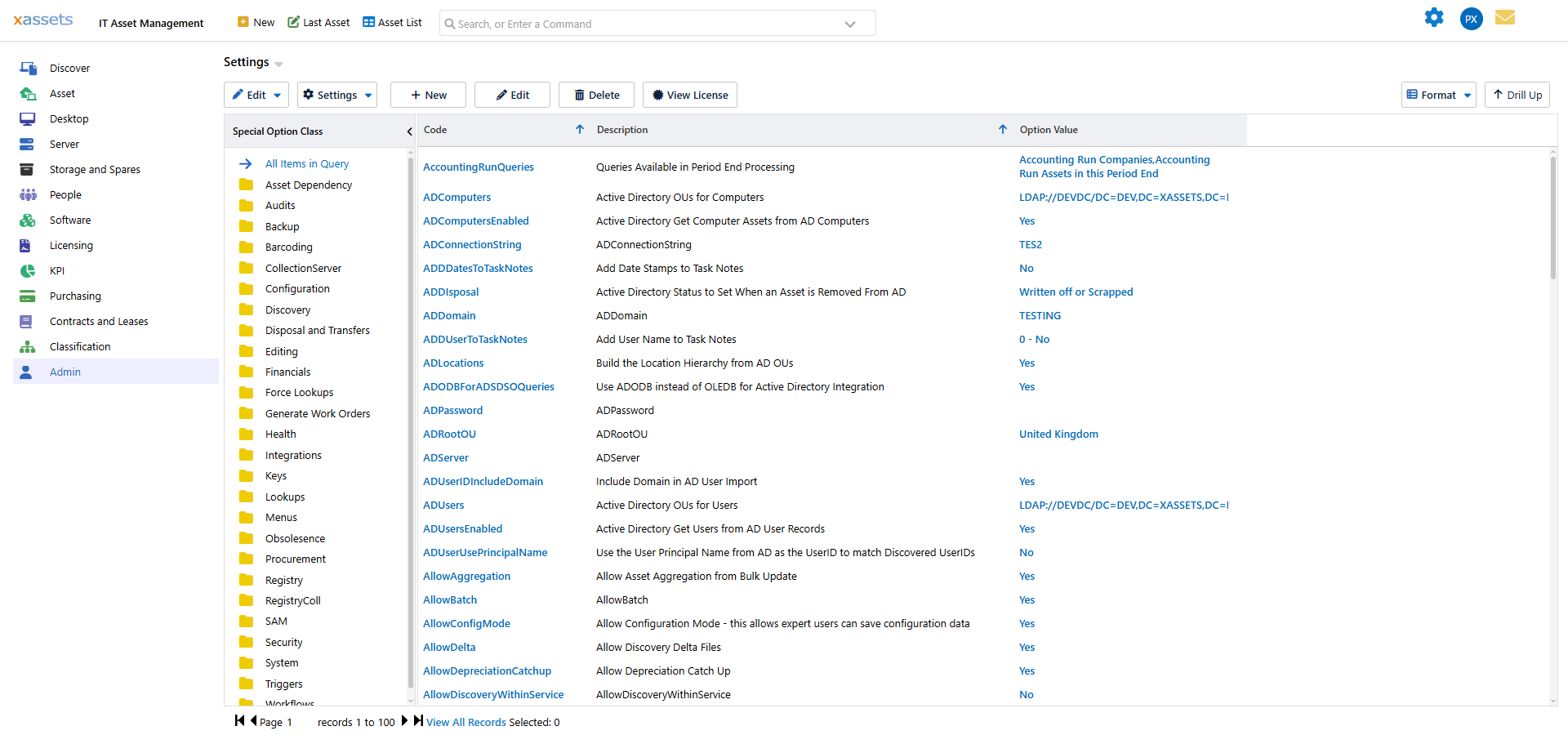 Settings screen accessed from Admin > Settings, showing tree of setting classes on left and settings list