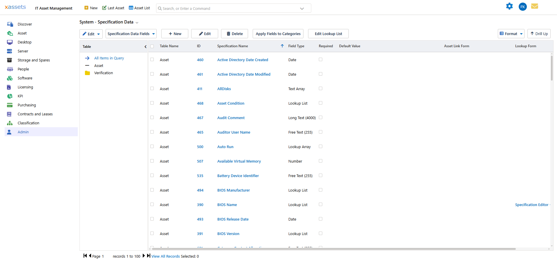 Specification Data Field Editor dialog showing ID, Field Name, Table Name, Data Type, Default Value, Required, Depends On, Use Lookup Data From