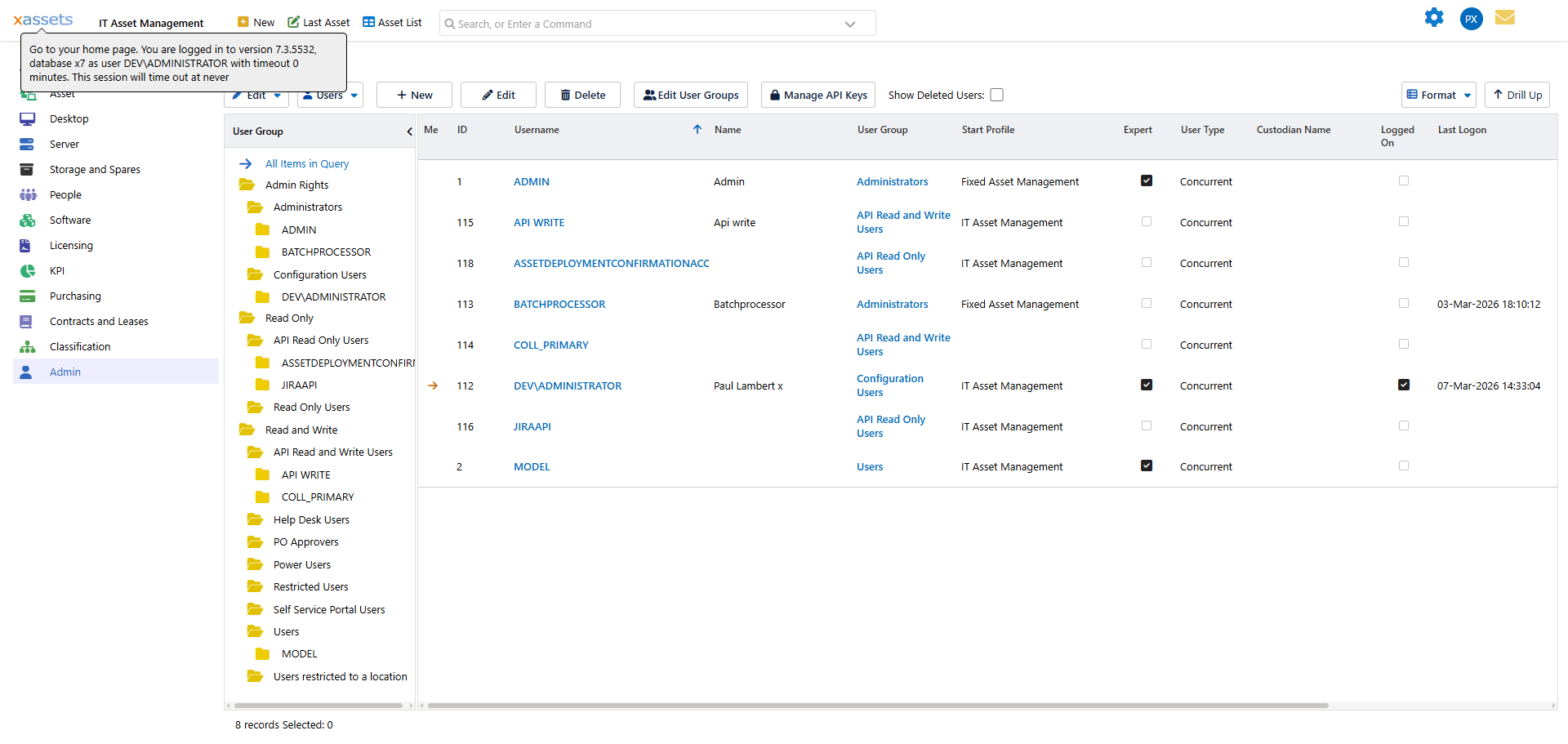 User Groups list screen accessed from Admin > Users > User Groups showing groups with READ/WRITE/ADMIN roles