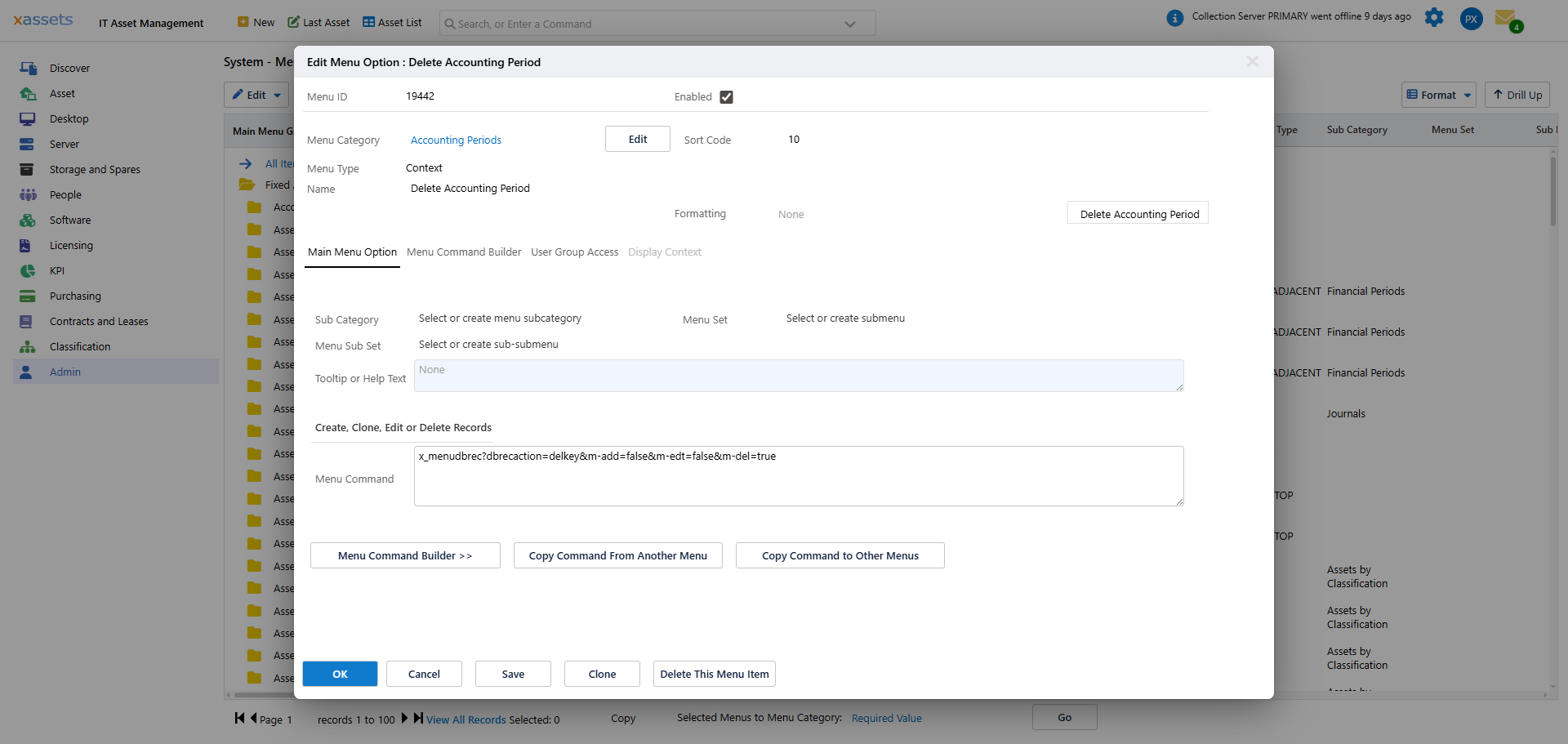 The Menu Editor dialog showing fields: Menu ID, Hidden, Enabled, Menu Category, Sort Code, Menu Type, Display Type, Name, Display Context, etc.