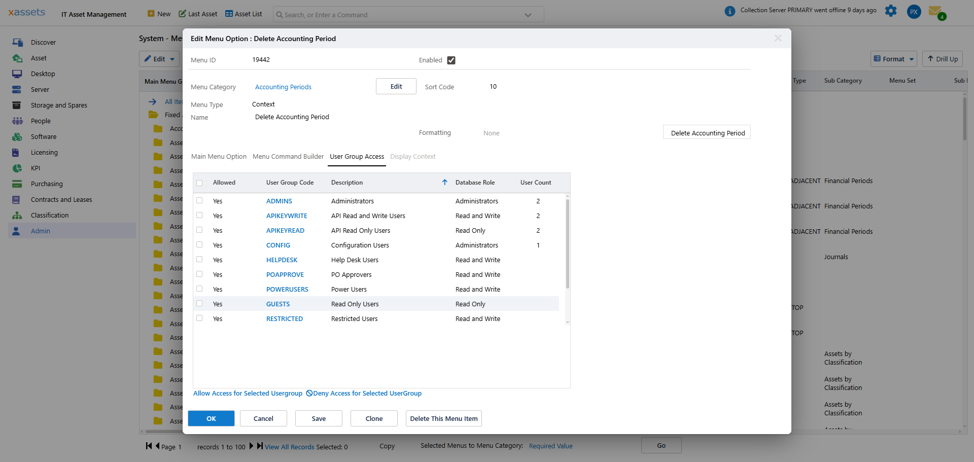 Menu Editor User Group Access tab showing Allow/Deny access links for user groups