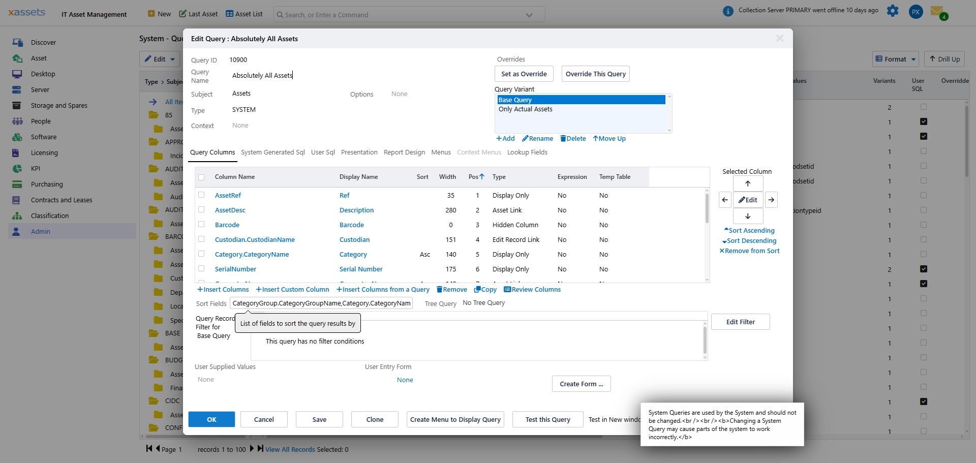 The Query Editor dialog showing fields: ID, Query Name, Subject, Type, Context, and Query Columns tab