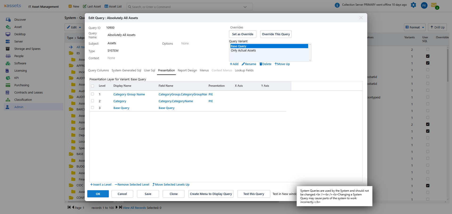 Query Presentation tab showing drilldown hierarchy levels used for tree and chart grouping