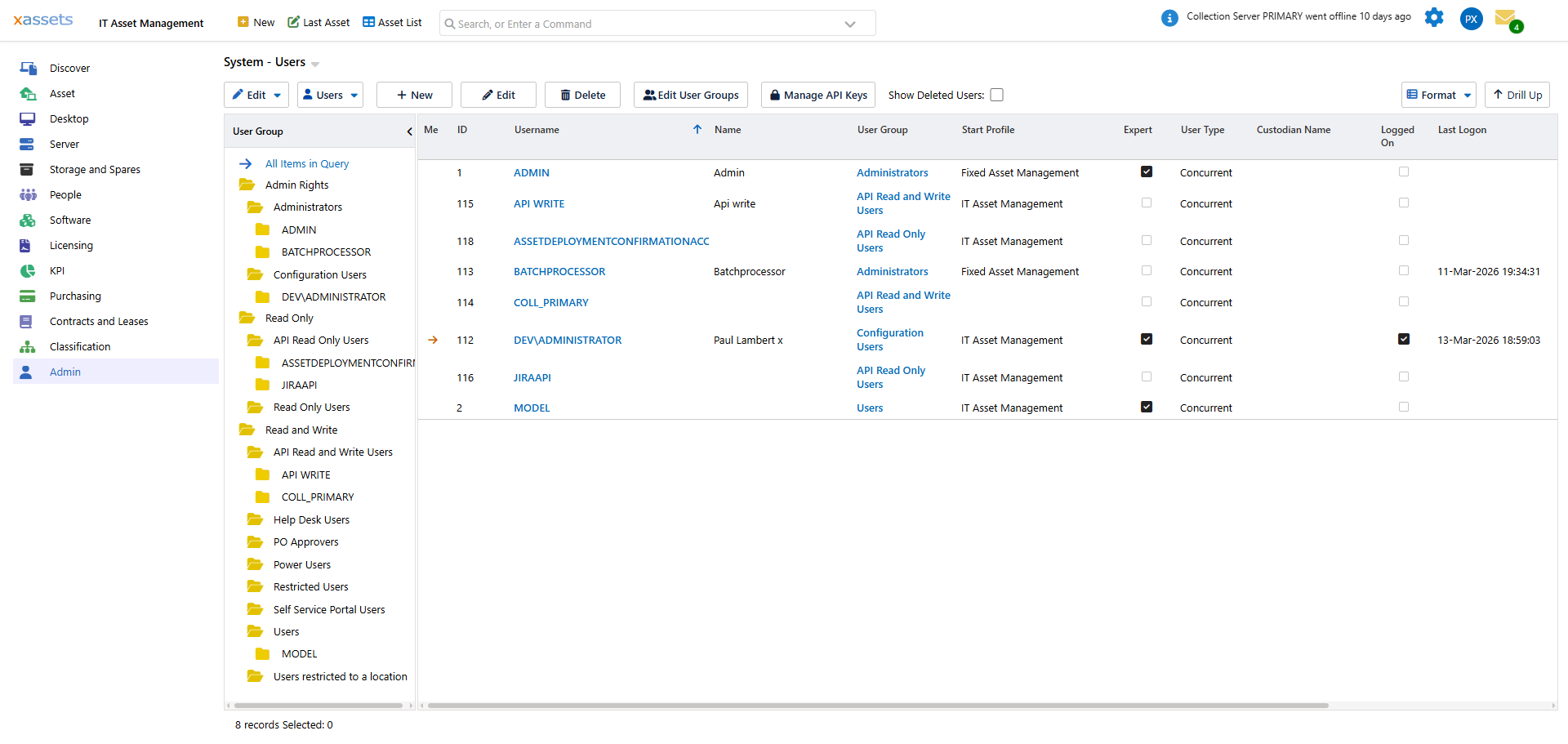 Users list screen accessed from Admin > Users, with tree by User Group/Rights on left, showing Me column pointer