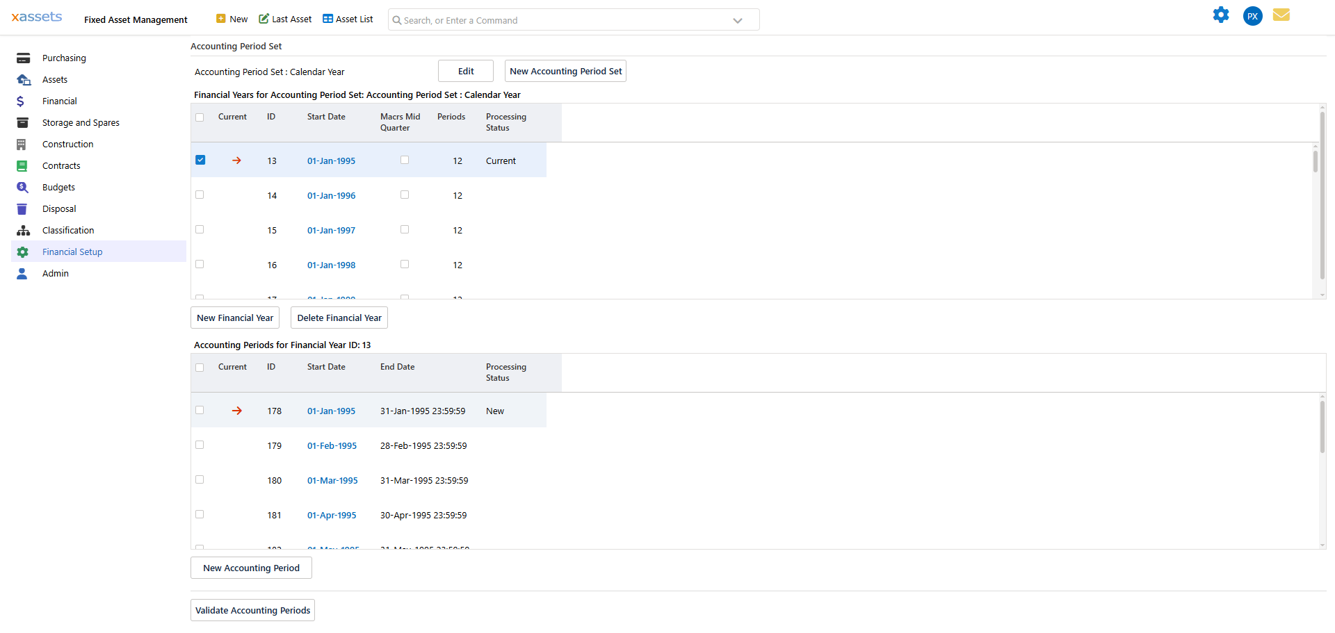 Financial menu showing Accounting Periods option under Depreciation Setup