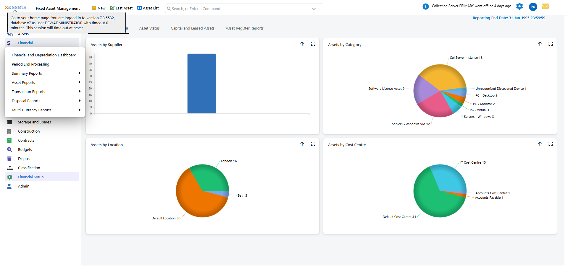Books setup screen listing available financial books with default depreciation type and indexation flags
