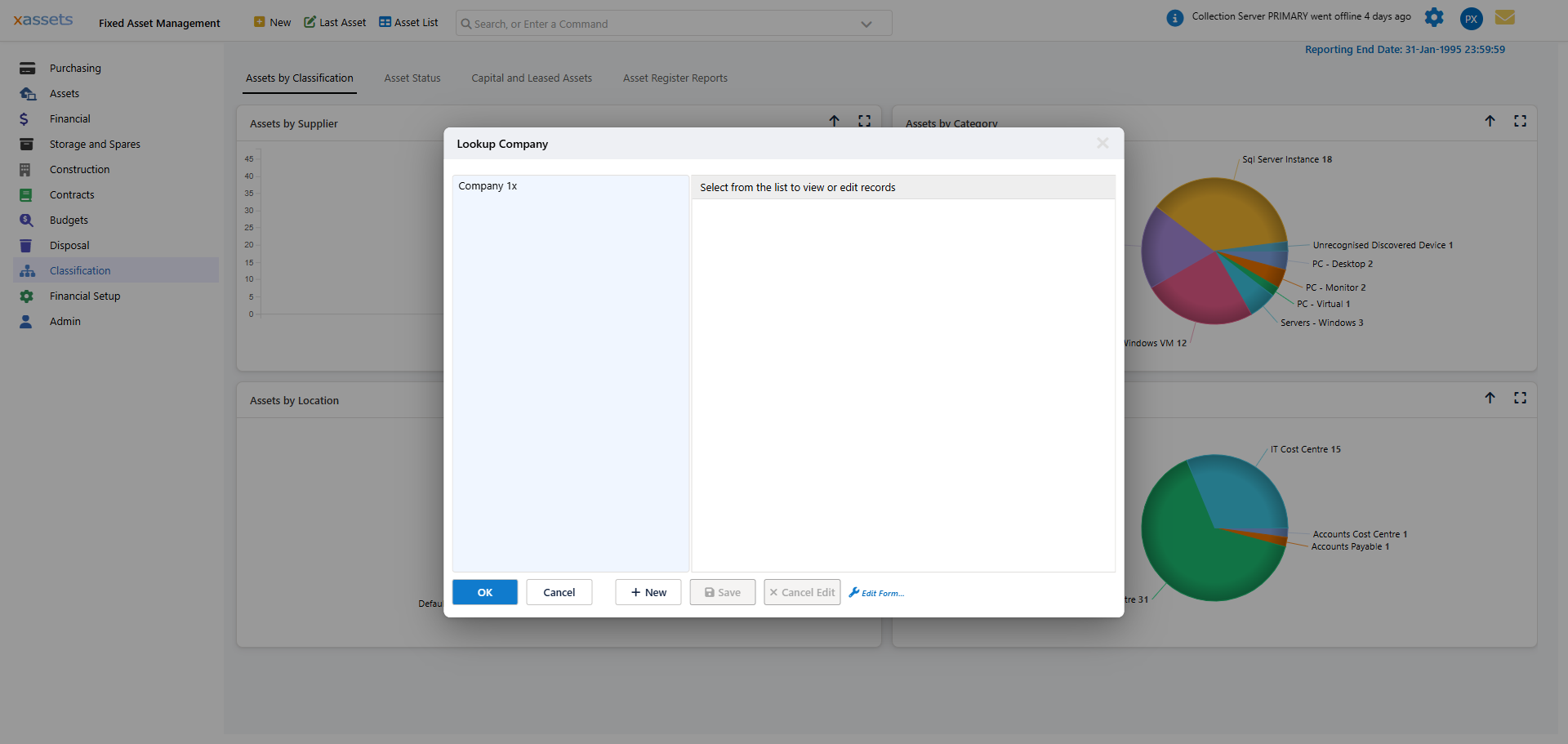 Companies and Sets of Companies screen showing company records with accounting period sets