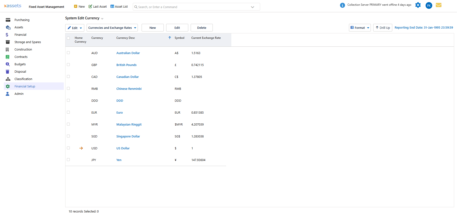 Currencies and Exchange Rates list showing currency codes and exchange rates