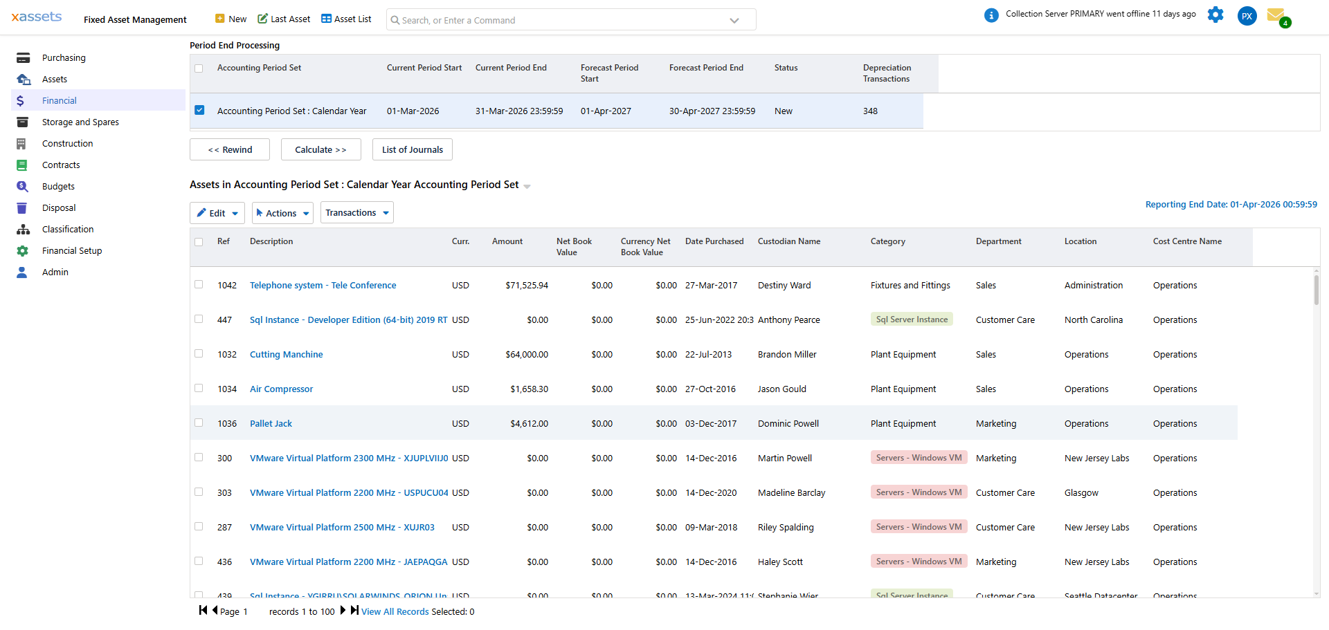 Period End Processing screen showing accounting period sets with current/forecast periods and Calculate/Rewind buttons