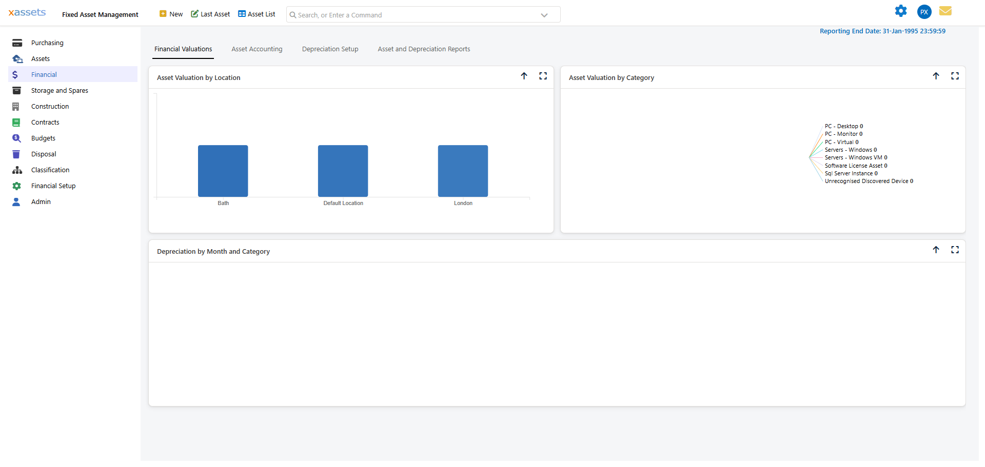 Financial menu showing the Depreciation Setup review option