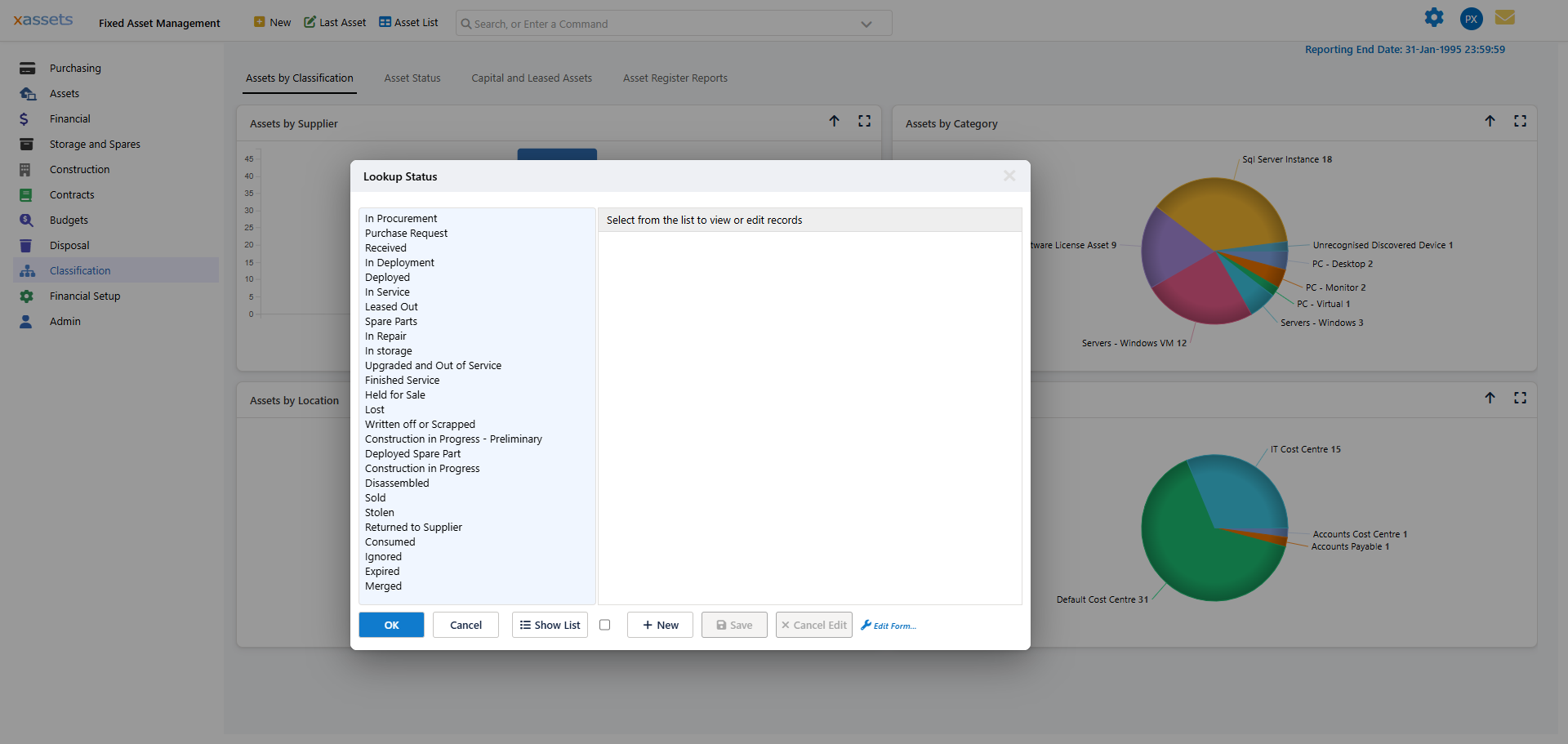 Status Codes list showing lifecycle statuses for assets