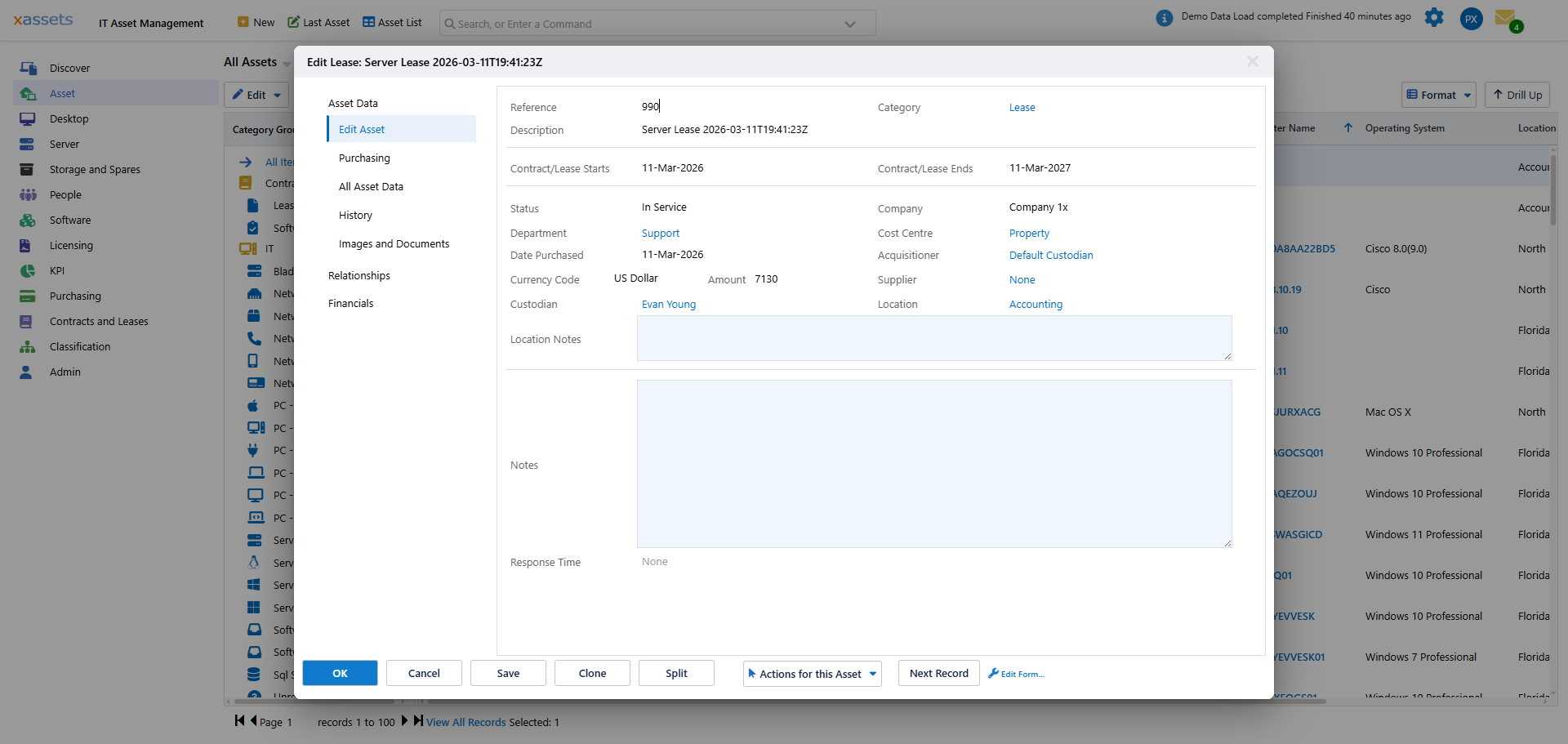 Financial details tab in asset editing screen