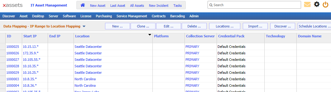 IP Range to Location Mapping screen