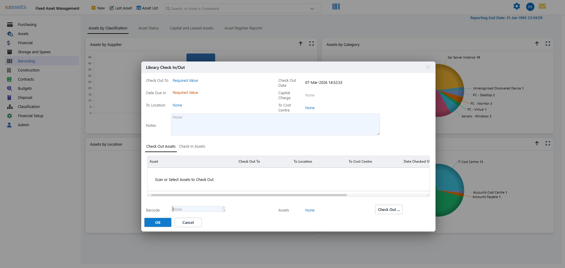 The Bulk Asset Check Out or Check In dialog with Check Out Assets tab selected