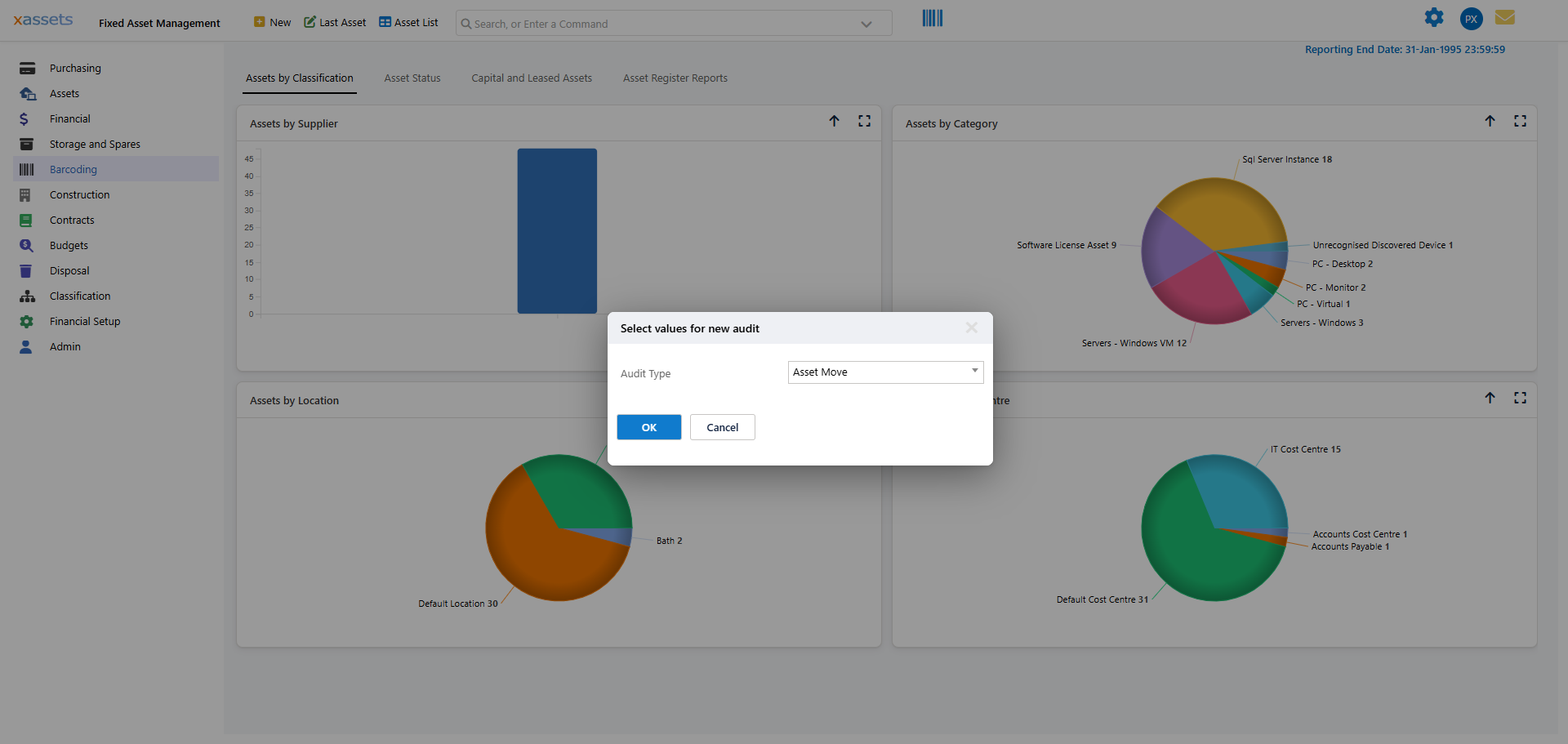 The New Asset Audit dialog showing fields for ID, Audit Type, Description, Start Date, Status, Grouping, etc.