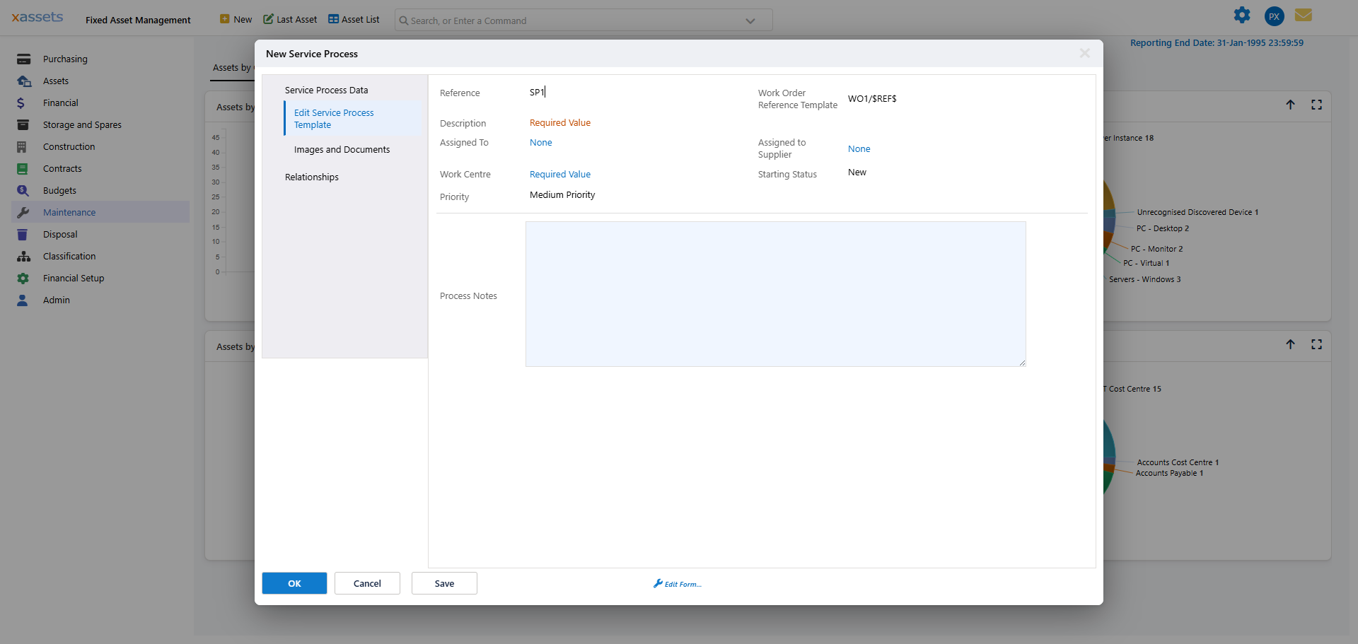 The new Service Process dialog with fields for description, service procedures, default status, priority, employee, supplier and work center