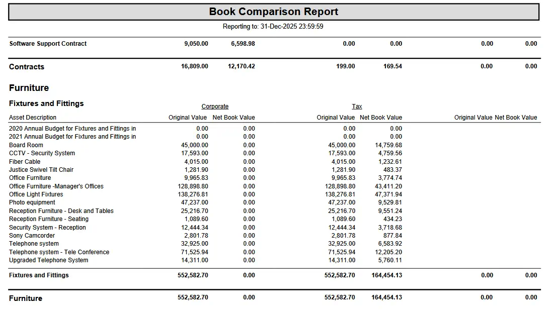 Book Comparison Report - showing differences in calculated depreciation between two accounting books (Corporate Book and Tax Book)