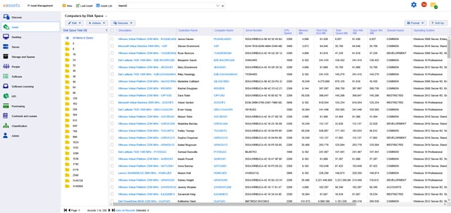 Screenshot of xAssets showing the computers by disk space query