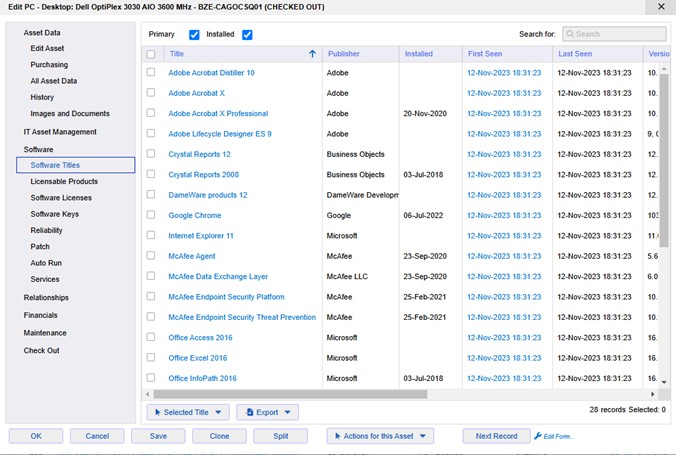 Screenshot of xAssets showing Software Titles in the asset editor